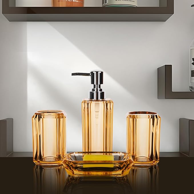 4-Piece Elegant Champagne Gold Bathroom Accessories Set — Soap Dispenser, Soap Dish, Mouthwash Cup & Toothbrush Holder, Glossy Acrylic with Champagne Accent, Vanity Countertop Organizer