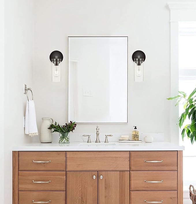 1-Light Simple Matte Black Indoor Hardwired Vanity Wall Lights Fixture with Clear Glass Shade, Vintage Wall sconces Lighting Decor for Kitchen Living Room Hallway Bathroom Bedroom Bedside