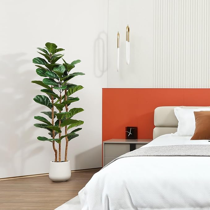 Artificial Fiddle Leaf Fig Tree with White Planter,5ft Tall Fake Tree with Natural Wood Trunk for Home Decor, Faux Ficus Tree Fake Moss for Indoor Office Living Room