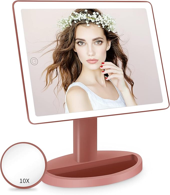 Funtouch Large Lighted Vanity Makeup Mirror, 14.56 in x 8.97 in, 88 LED, 360 Rotation Touch Screen, 10X Magnification Tabletop Cosmetic Make Up Mirror, Rose Gold