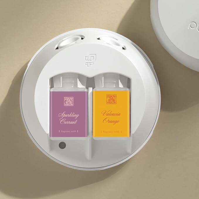 Pura Smart Home Fragrance Device Starter Set - Pura 4 - Scent Diffuser for Home - Includes Fragrance Aroma Diffuser - Square Box, Valencia Orange and Sparkling Currant Scent Refills