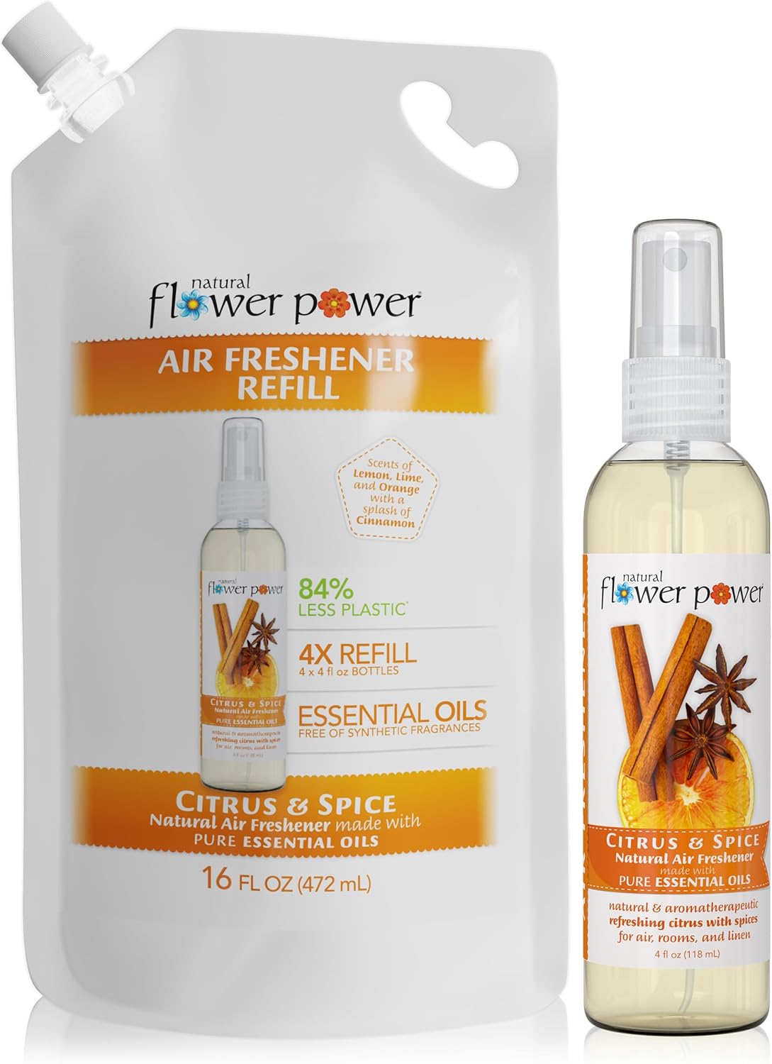 Air Freshener Spray Refills - Odor Eliminator w/Essential Oils - Home, Car & Fabric - Cruelty Free & Vegan â Citrus & Spice Spray 4 fl oz + Refill 16 fl oz Combo
