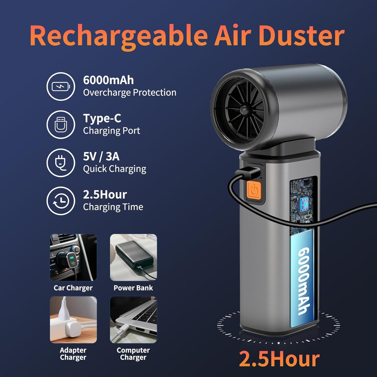 Compressed Air Duster, Stepless Speed Electric Air Duster, Metal Shell Air Blower with Brushless Motor, 120000 RPM Keyboard Cleaner Replaces Canned Air for Outdoors, Car, Home Cleaning