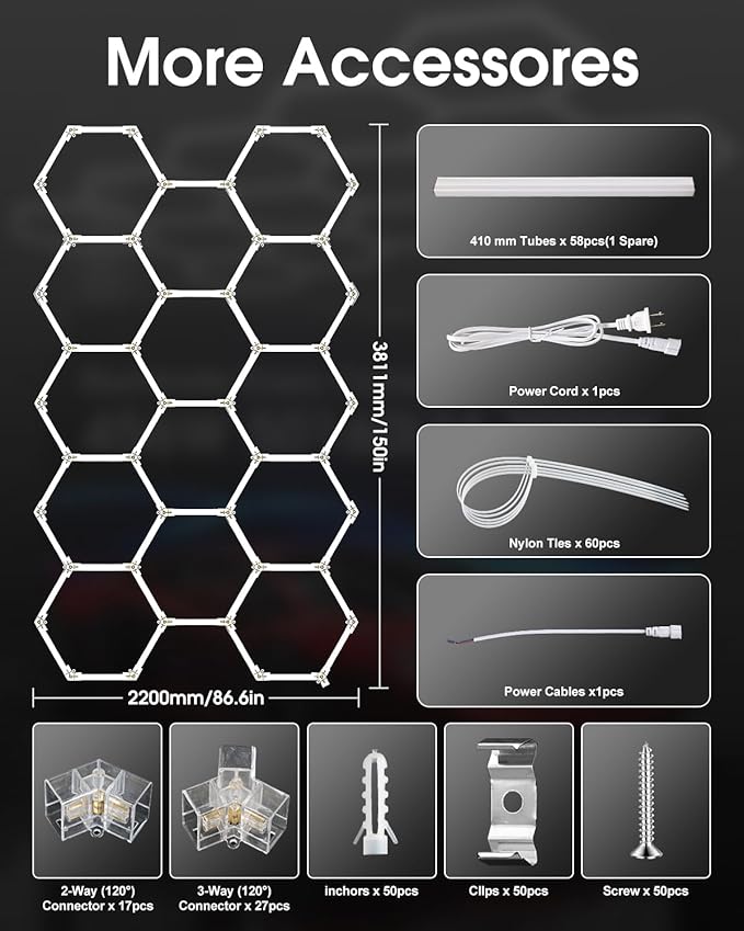 Hexagon Garage Lights 456W 50160LM,14 Grids LED Hexagon Light,7000K Honeycomb Lights for Garage,Warehouse,Car Detailing Shop,malls,Gym