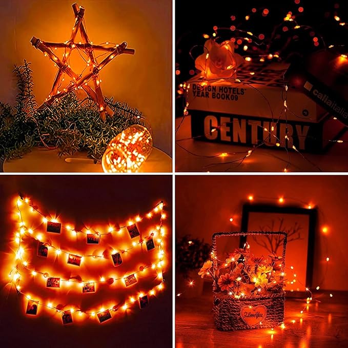 RUICHEN 20 Ft 120 LED USB Fairy String Lights with On/Off Switch, Waterproof Copper Wire Lights for Bedroom Wall Ceiling Wreath Crafts Christmas Halloween Party, Orange, 2 Pack
