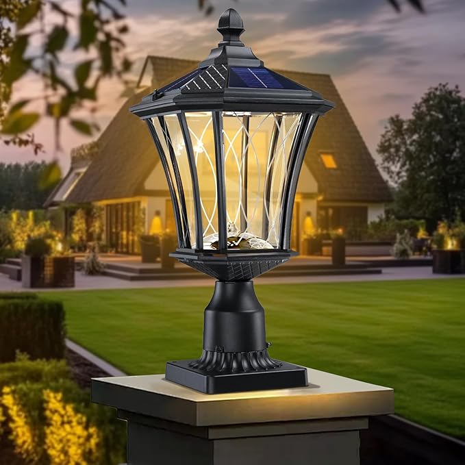 19.6" Solar Post Lights, Dusk to Dawn Outdoor Post Lights Solar Lamp Post Light, Black Pole Lights Outdoor with Pier Mount Base, Waterproof Outdoor Lamp Post for Yard FrontDoor Pathway Garage, 1 Pack