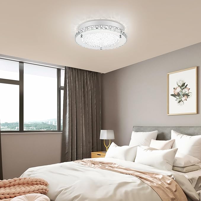 Crystal Flush Mount Ceiling Light 18W LED Dimmable Modern Ceiling Light for Bedroom, Closet, Foyer, Hallway, Dia 11 Inch, 3 Color Change