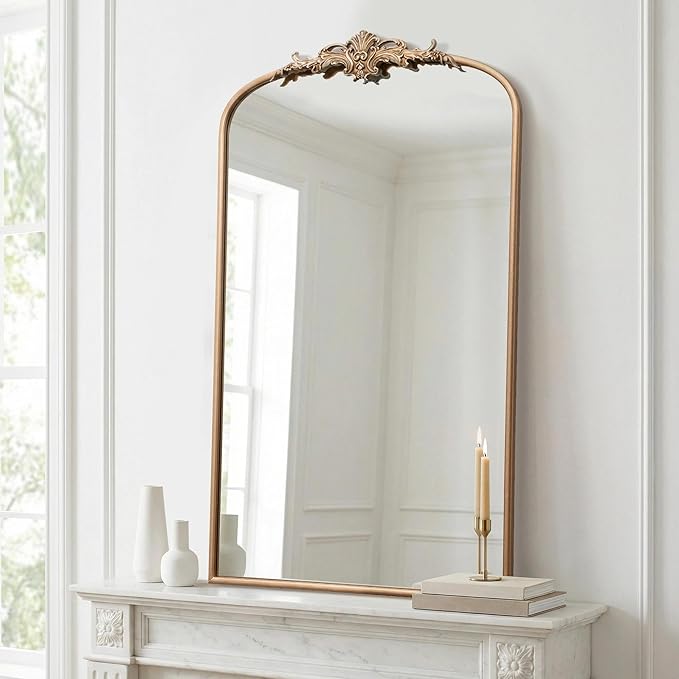 Besdomus Vintage Gold Wall Mirror: 24"x42" Large Arch Champagne Gold Antique Wall Mounted Mirror - Traditional Ornate Home Decor for Entryway/Fireplace/Bathroom - Baroque Idea for Housewife