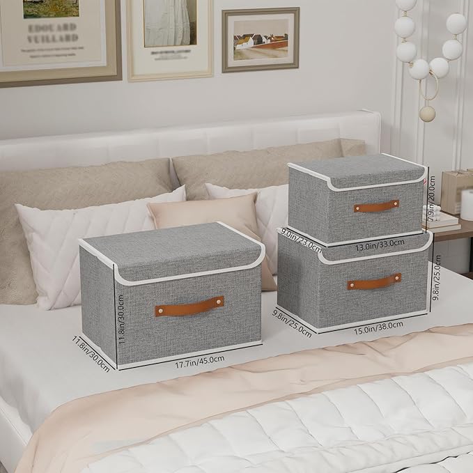 Yawinhe Collapsible Storage Bin, Cube Organizer Basket, Fabric Box with Lids, Washable and Leather Handle, for Home, Closet, Grey, 15.0''Lx9.8''Wx9.8''H, 1-Pack, USNK024GL-1