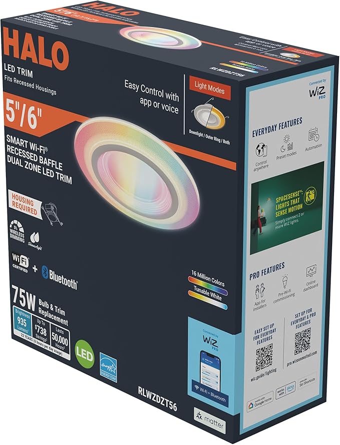 HALO 5/6" Dual Zone Smart Wi-Fi Recessed LED Light Powered by WiZ Pro 4-Pack, Dimmable Full Color w/SpaceSense, Smart Home Ready RLWZDZT56-4PK