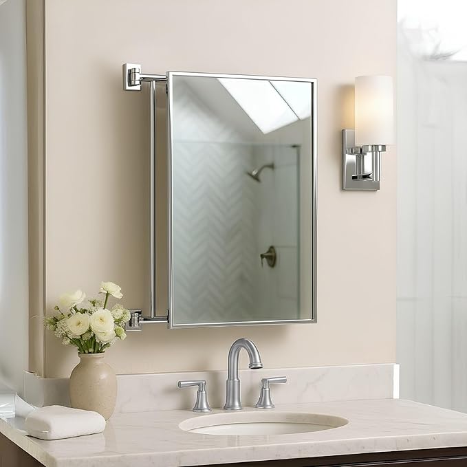 BRIXWELL Pivot-N-Vue Double Hinged Rectangular Mirror, Tubular Steel with Silver Brazed Joints, Polished Chrome Finish, 14" Width x 22" Height, 10" Extendable Arms, Adjustable Wall Mount Mirror