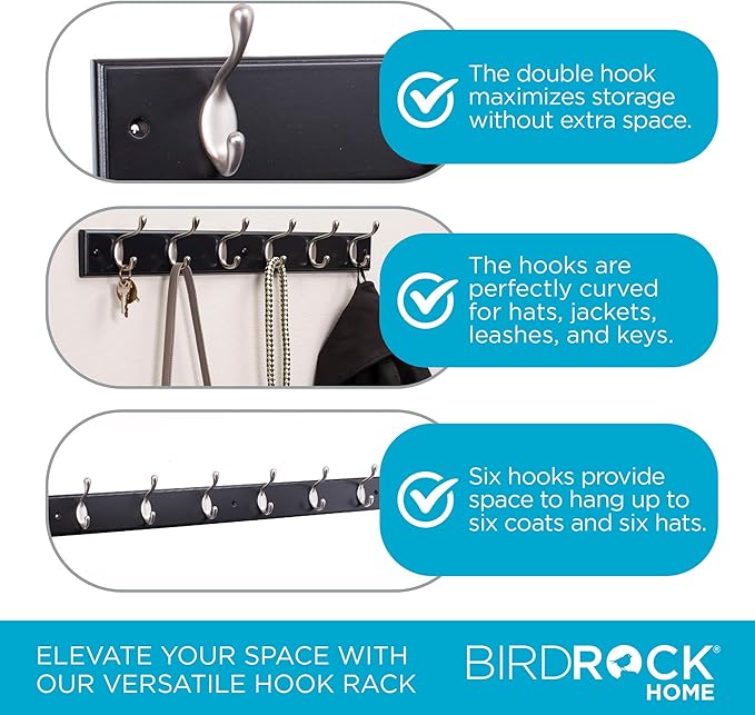 BIRDROCK HOME Oval Hook Coat and Hat Rack | 6 Hooks | 2 Pack | Wall Mount | Black Finish | Satin Nickel Hooks