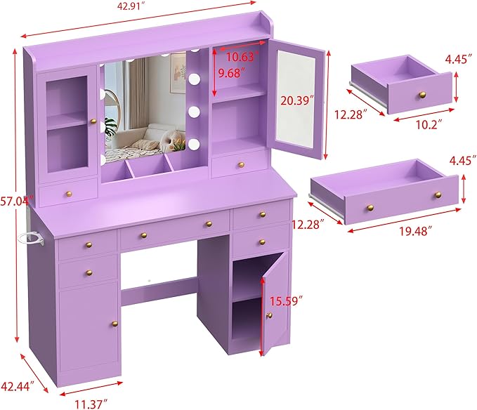 Vanity Desk with Mirror and Lights, 43" Purple Makeup Vanity Set with 5 Drawers & Glass Cabinets, Makeup Tray, Power Outlet & Adjustable LED Lights, Dressing Table for Women & Girls Bedroom