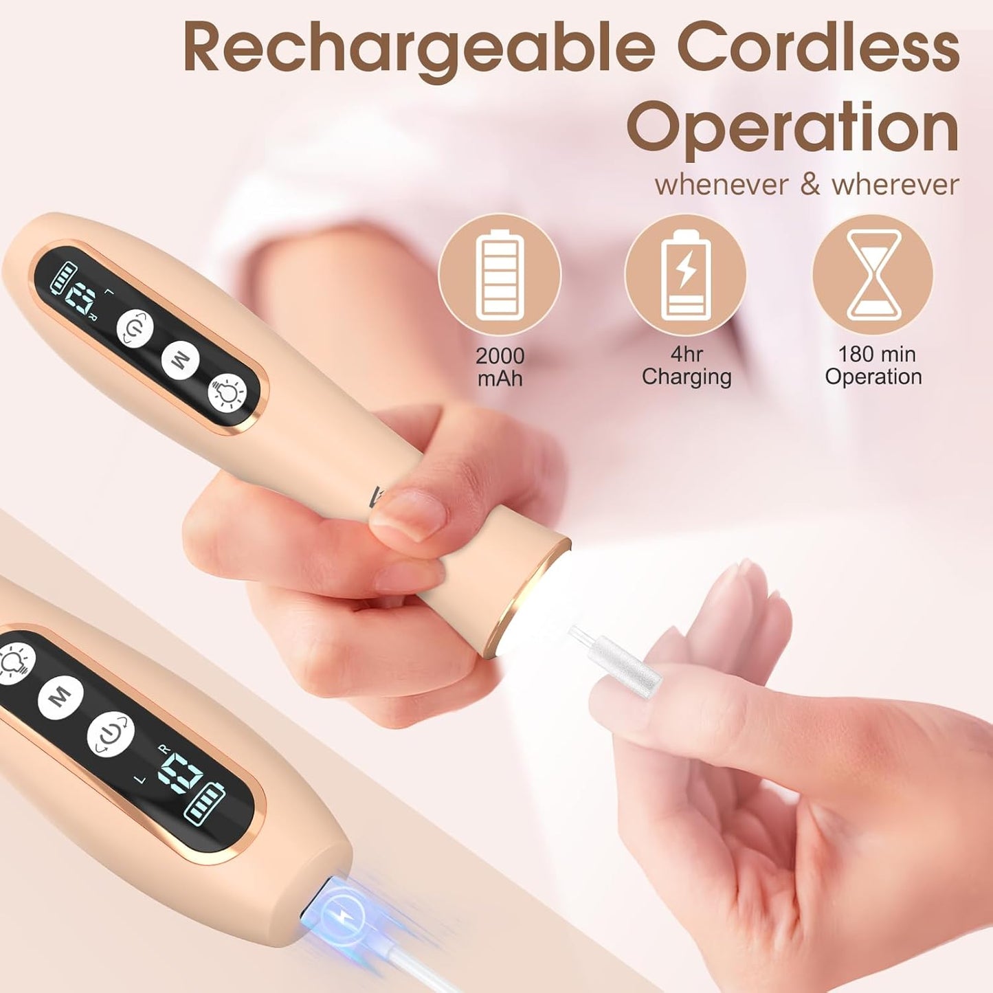 Professional Manicure Pedicure Kit, Cordless Electric Nail Drill with 360° LED Light&10 Speeds&Memory Mode, Pedicure Tools for feet, Hand Foot Care Nail Drill for Thick Nail Toenail Cuticle, Pink