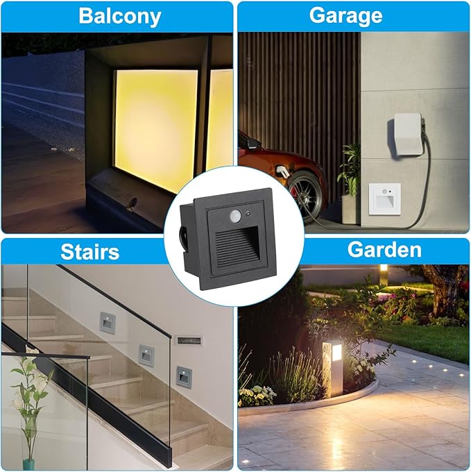 PATIKIL 4000K LED Step Light, 3W 120V Recessed Motion Sensor Stair Light Aluminum Waterproof 105lm Warm White Stairway Lights Indoor Outdoor, Black Shell
