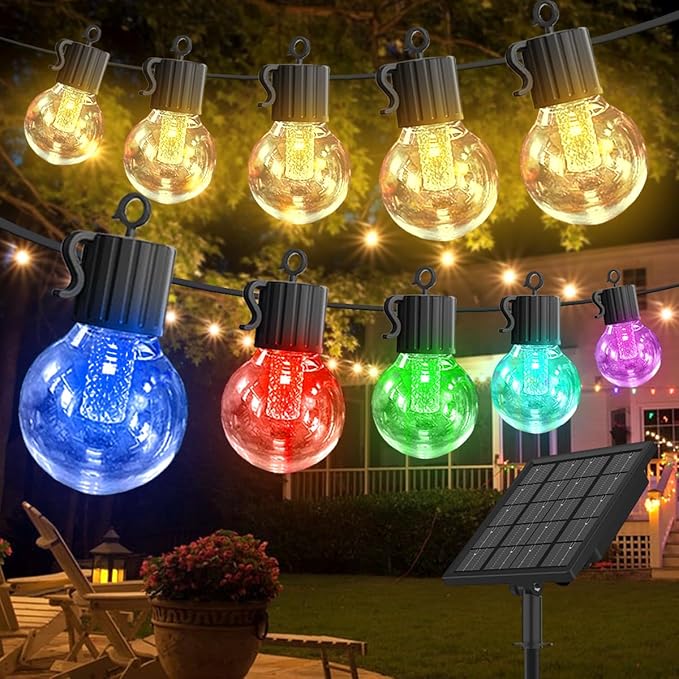 Solar String Lights Outdoor Waterproof,50FT 25LEDs Warm White & Multicolor Hanging Lights G40 Globe Solar Powered String Lights Outdoor with 8 Modes,Timer,Solar String Light for Outside Patio Yard