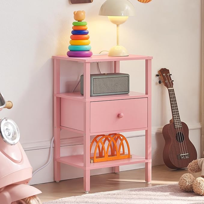 Lerliuo Nightstand with Charging Station and USB Ports, 3-Tier Storage Pink End Table with Drawer Shelf, Night Stand for Small Spaces, Wood Bedside Table for Living Room, Bedroom - Light Pink