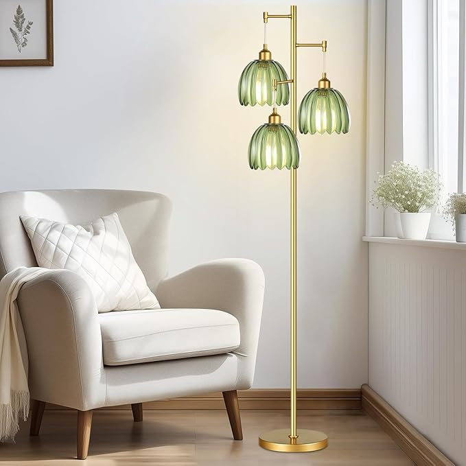 Gold Floor Lamp for Living Room,Bedroom,Mid Century Modern Standing Lamp Brass Tree 3 Light Tall Floor Lamps Vintage Retro Floor Lights Glass Green Flower Lamp Shade Farmhouse Boho Bohemian