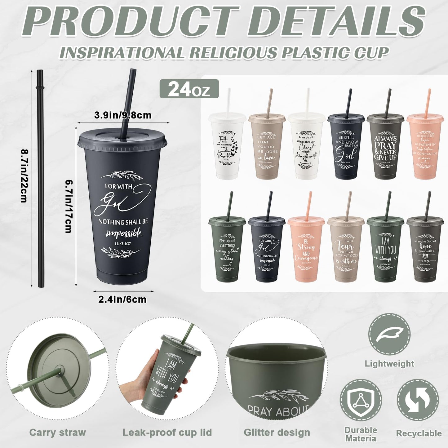 Havawish Inspirational Christian Gift Bible Verse Tumbler Bulk 24 oz Drinking Tumblers with Lid Straw Religious Plastic Cup for Pastor Appreciation Day Women Men Sunday School Church(Vivid Color,24)