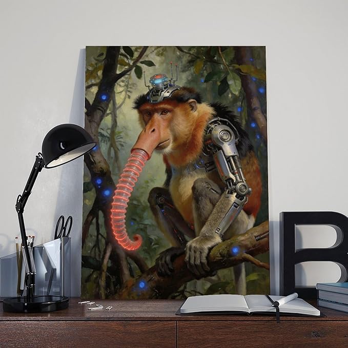 Framed Steampunk Mechanical Proboscis Monkey Wall Art - Jungle Neon Retro Poster for Apartment Leisure Area Decor 20x30inch(50x75cm)
