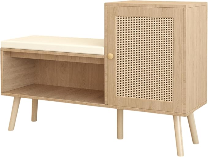 2-in-1 Shoe Storage Bench with Removable Seat Cushion, PP Rattan Shoe Cabinet with Rattan Doors, Modern Entryway Bench, Shoes Storage Organizer for Entryway Hallway Small Space, Natural