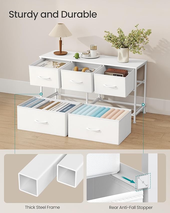 SONGMICS Dresser for Bedroom, Chest of Drawers, TV Stand, Steel, MDF, 5 Non-Woven Fabric Drawers, Storage Organizer Unit, Closet, Entryway, Cloud White and Snow White ULGS322W01S