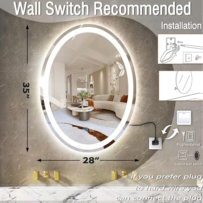 28 x 36 Inch Oval LED Vanity Mirror with Lights 3 Color Dimmable Memory Front Back Light 36 Oval Lighted Mirror for Bathroom Makeup Salon Wall Mount AntiFog 36in Ovals Smart Light up Mirrors