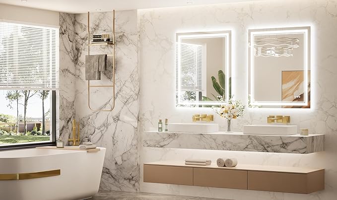 Keonjinn LED Mirror for Bathroom 22" x 30" with Frontlit and Backlit, Stepless 3 Colors Temperature & Dimmable Lighted Wall Mirror, Double LED Strips & UL Listed Driver, Anti Fog Mirrors with Light