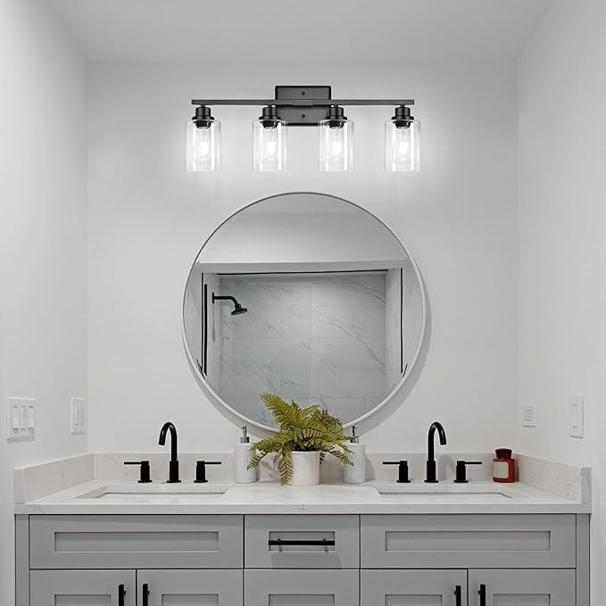 Ascher Bathroom Light Fixtures, 4-Light Vanity Lights with Clear Glass Shade, Modern Black Finish Wall Light for Mirror Bedroom Hallway Cabinet Porch