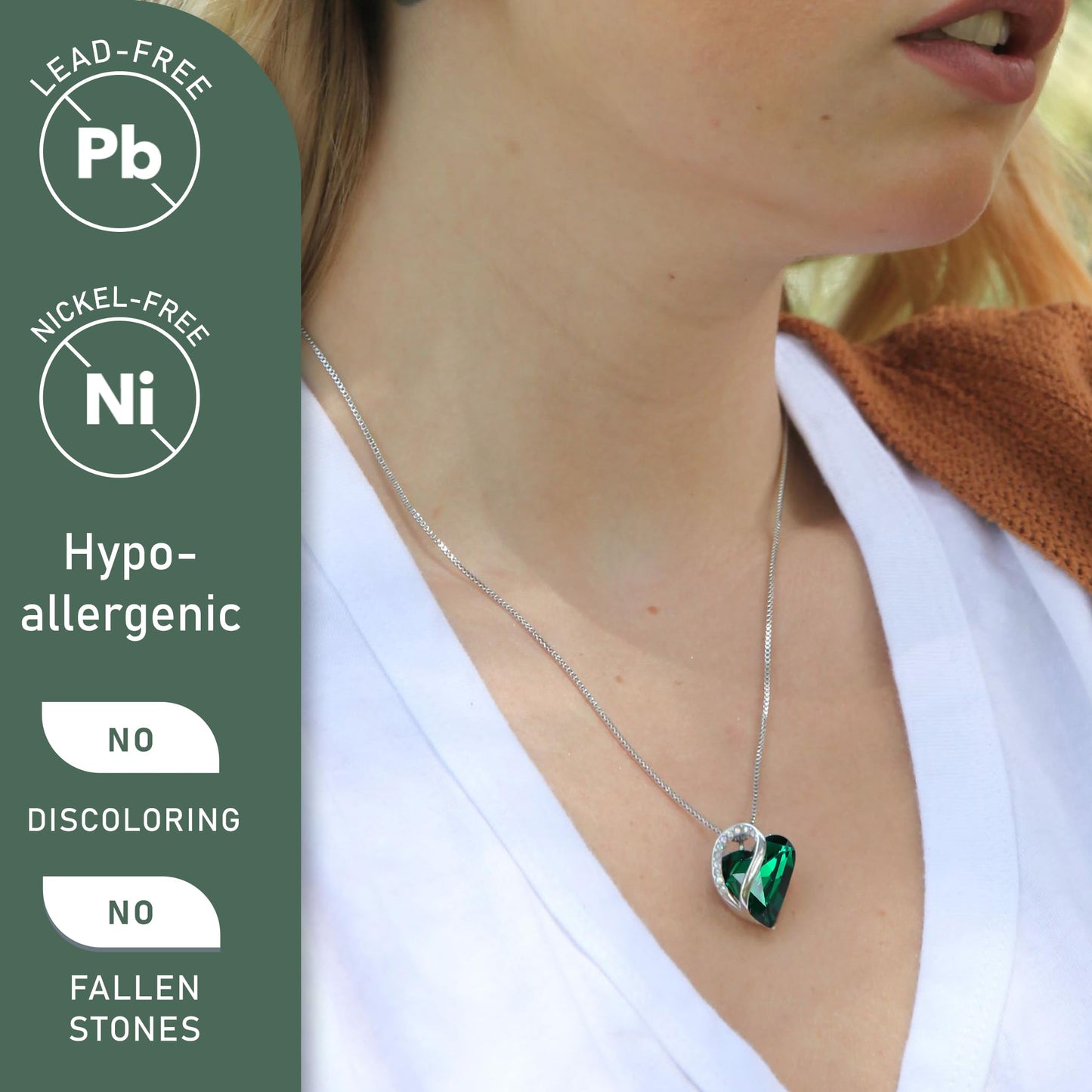 Leafael Necklaces for Women, Infinity Love Birthstone Heart Pendant with Emerald Green Crystal for May, Birthday Jewelry Gifts for Her, Mom, and Wife, Silver Plated, 18 plus 2 inch Adjustable Chain