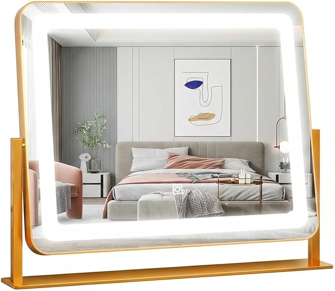 IDEALHOUSE Vanity Mirror with Lights, 20"x17" Lighted Makeup Mirror, LED Desk Mirorr with 360° Rotation, Dimmable 3 Modes, Smart Touch Control for Bedroom or Tabletop(Square,Gold)