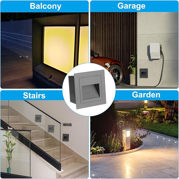 PATIKIL 4000K LED Step Light, 4 Pack 3W 120V Recessed Stair Light Aluminum Waterproof 105lm Warm White Stairway Lights Indoor Outdoor, Grey Shell