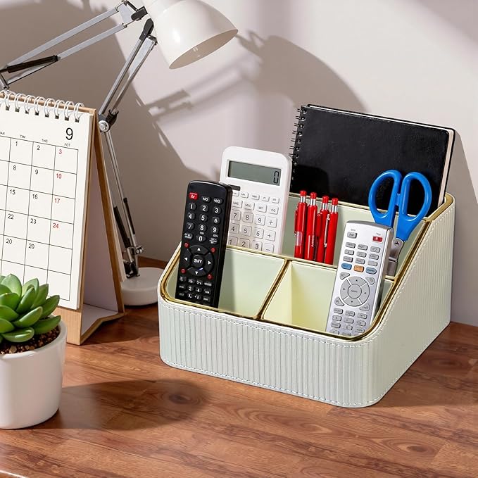 PU Leather Remote Control Holder with 4 Compartments, Small Desk Organizer Office Supply Bedside Caddy, All-in-One Small Bedside Remote Holder Nightstand Desktop Organizer