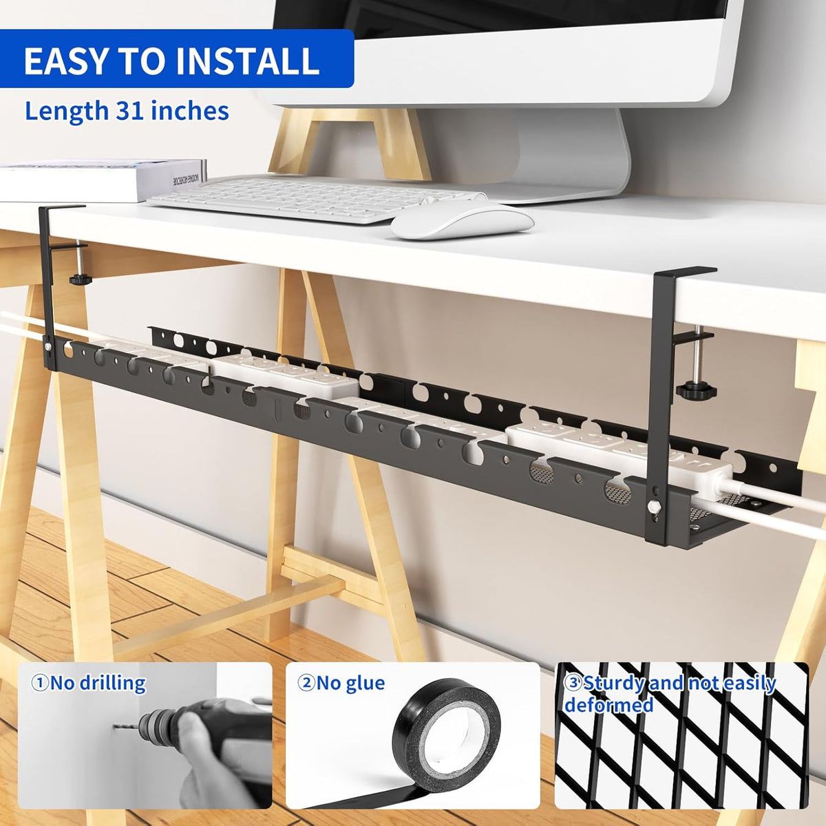 31Inch Extendable Under Desk Cable Management Tray Multi-Model Metal Cable Management Tray Under Desk Cord Management with Clamp Power Strip Cord Holder for Wire Cable Management, Black
