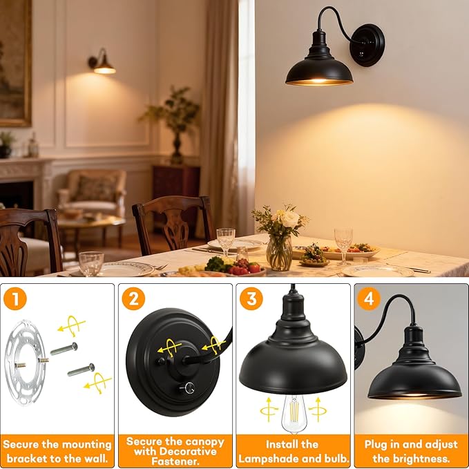 Lightess Dimmable Wall Sconces with Switch, Industrial Gooseneck Wall Light with Dimmer, Black Wall Mounted Bedside Lamps Set of Two
