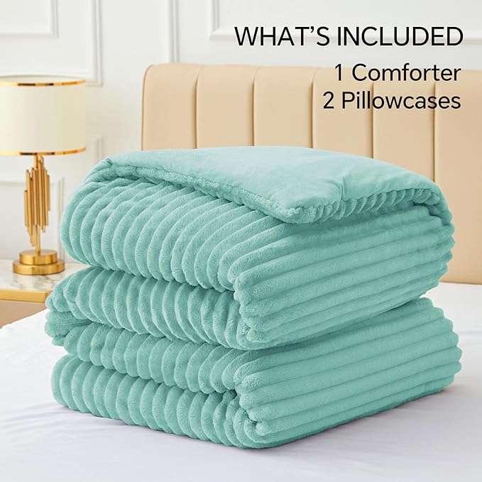 BEDELITE Fleece King Comforter Set -Super Soft & Warm Fluffy Haze Blue Bedding, Luxury Fuzzy Heavy Bed Set for Winter with 2 Pillow Cases