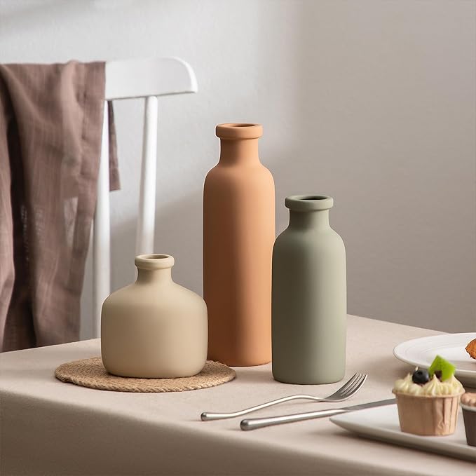 Ceramic Vase Set of 3 - Rustic Vases Set for Flower Centerpieces Pampas Grass - 3 Bud Vase for Decor - Modern Decoration Terracotta Vases for Home Farmhouse Table Office, Mini Pottery Vase by Lyeec