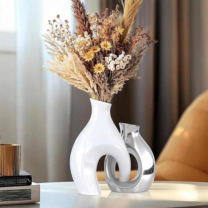 White Silver Modern Abstract Ceramic Vases for Home Decor,Nordic Snuggle Hollow Design for Flowers Pampas Grass Decorative,for Living Room Coffee Table Centerpiece,Entrance,Console (White Silver)