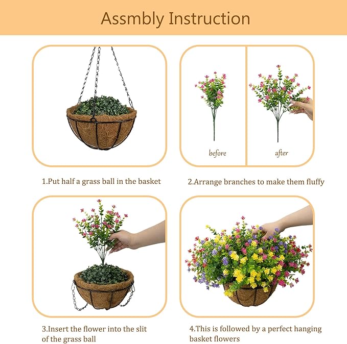 Artificial Hanging Flowers Basket for Outdoor, 16 Fake Flowers Look Real UV Resistant, Faux Hanging Plants for Porch, Balcony, Patio, Garden, Spring Summer Decor,MixB