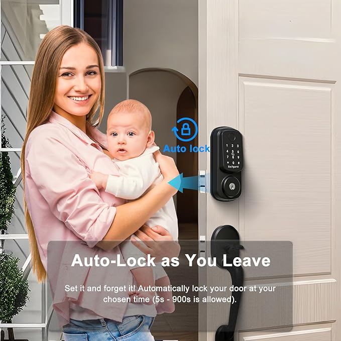 Keyless Entry Door Lock Deadbolt with Handle Set, Smart Door Lock for Front Door, Auto Lock Compatible with Alexa, Black