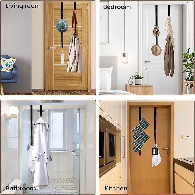 Over The Door Hooks - 4 PCS Adjustable Door Hanger with 12 Hook, 15-25'' Towel Rack Organizer for Bathroom, Heavy Duty Door Hook for Hanging Wreath Coat Clothes Hat, Shower Room Dorm Bedroom Essential