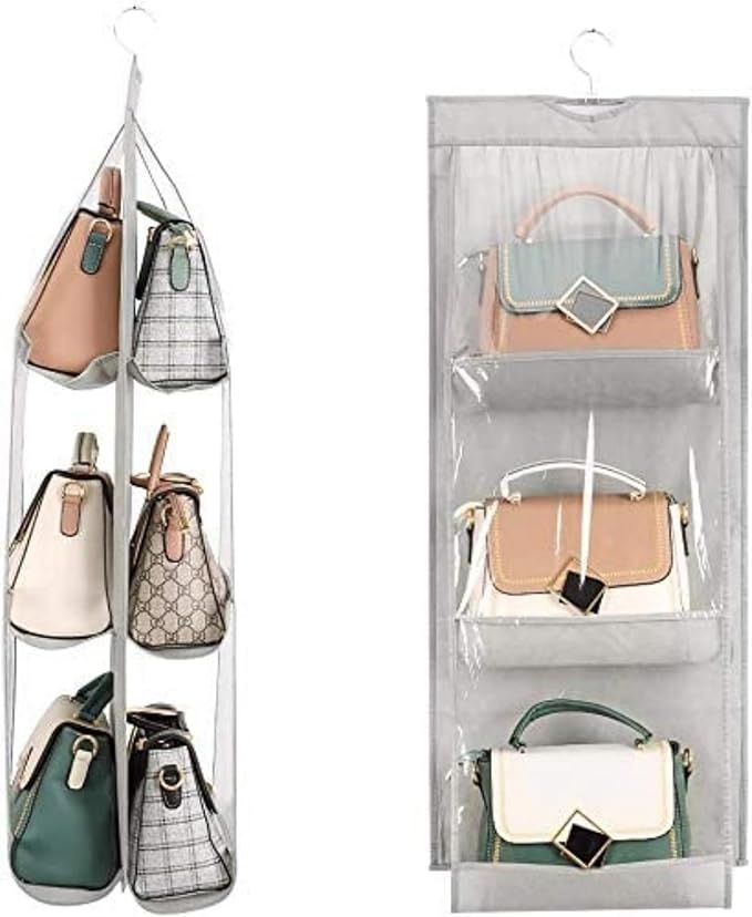 HAN SHENG 6 Pockets Clear Handbag & Purse Organizer Hanging Bag Storage - Space Saving Hanging Shelf for Closet, Wardrobe, Over Door (1 Pack, Grey)