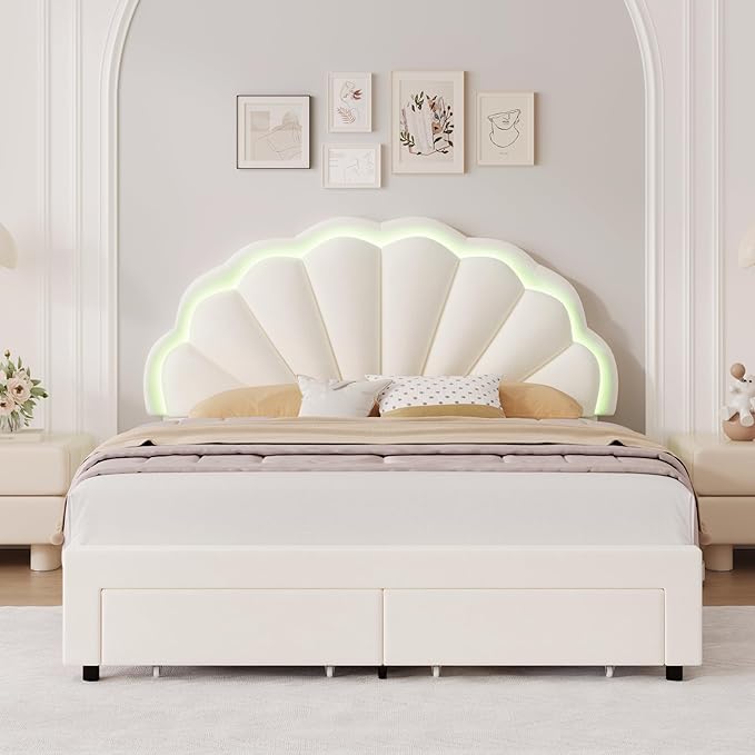 HIFIT Queen Upholstered Smart LED Bed Frame with Storage Drawers & Adjustable Chic Double Petal Headboard, Velvet Princess Platform Bed with Solid Wood Slat/No Box Spring Needed/Easy Assembly, Beige