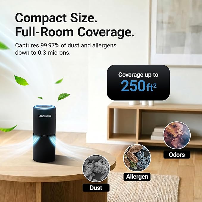 Lab Charge Small Ionic Air Purifier for Home & Bedroom – Silent HEPA Filter – Covers 250 Sq Ft - Free Cleaner for Pets, Hair, Smoke, Dust, Odors & Dander – Compact & Black Design - Pack of 3