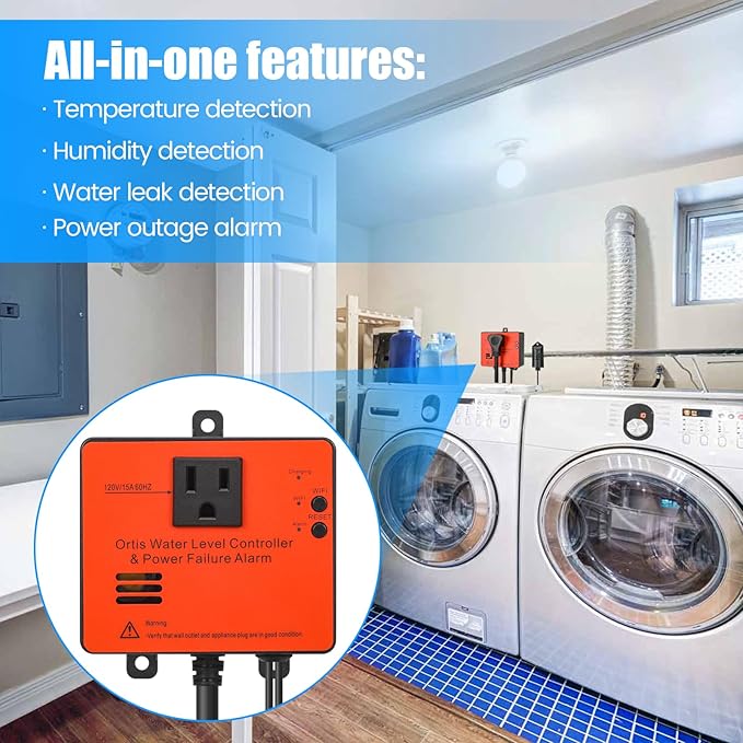 Ortis WiFi Power Failure & Water Leak Alarm, Real-Time Monitoring of Water Level, Temperature & Humidity, 110dB Siren with Flashing Light, APP Alerts, Ideal for Laundry Rooms & Basements