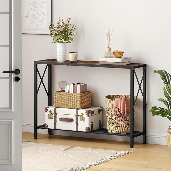 Tajsoon Console Table 41.8”, 2-Tier Industrial entryway Table, Narrow Sofa Table with Shelves, Entrance Table for Entryway, Hallway, Living Room, Foyer, Corridor, Office, Rustic Brown