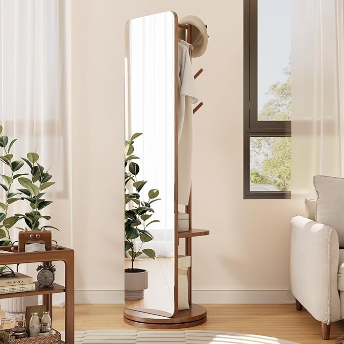70"x19"Full Length Mirror with Stand,Coat Rack with Mirror,Solid Wood Floor Mirror,Swivel Mirrorfor Bedroom, Living Room, Cloakroom