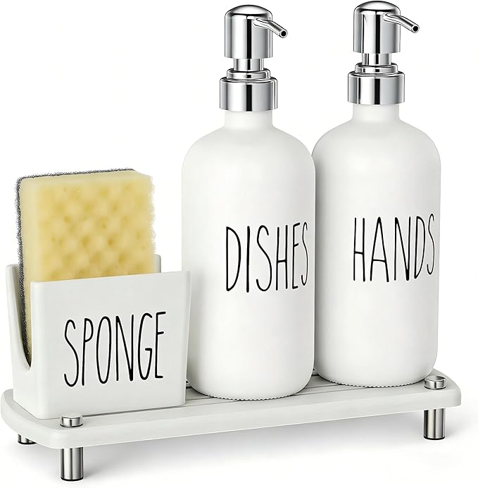 Cisily Kitchen Soap Dispenser Set Comes with Ceramics Sponge Holder, Silver Pumps, and Instant Dry Tray, Hand and Dish Soap Dispenser Set Suitable for Black and Silver Kitchen Decor and Accessories