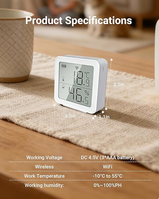 Smart WiFi Thermometer Hygrometer, Indoor Temp Humidity Monitor with Large LCD, No Gateway, Direct Phone Alerts, Free Data Storage, Ultra-Low Power, Tuya App Compatible for Home Garage Greenhouse