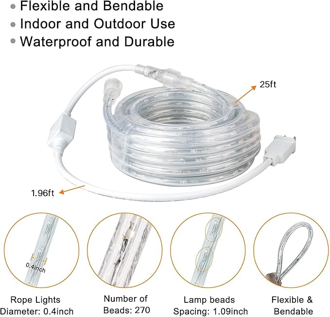 SURNIE Rope Lights Outdoor Waterproof Daylight White: LED 25FT Cuttable Outside Bright 110V Lighting 6000K Flexible Cool Clear Tube, Indoor Deck Patio Xmas Camping Decor, Not Flat Strip